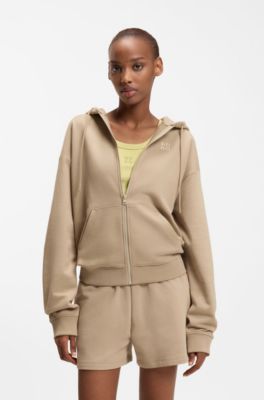 Cotton-terry zip-up hoodie with stacked-logo embroidery, Beige