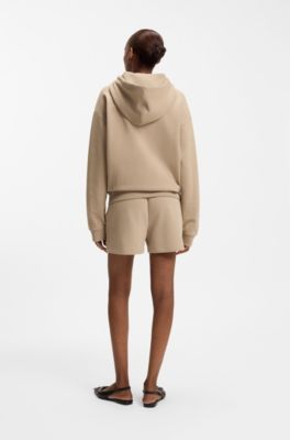 Camisola com capuz e fecho em terry de algod&atilde;o com log&oacute;tipo sobreposto bordado, Beige