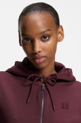 Hoodie van katoenen badstof met rits en tweedelig logostiksel, Donkerrood