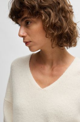 Wool-blend relaxed-ft sweater with V neckline, White