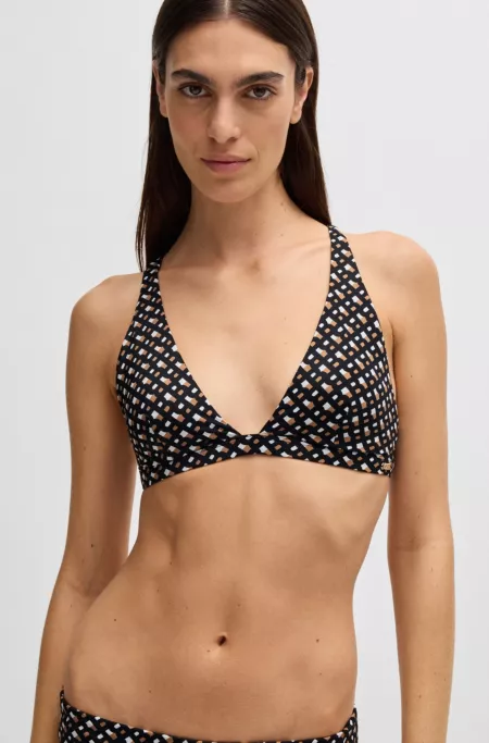 Monogram-print bikini top with logo charm