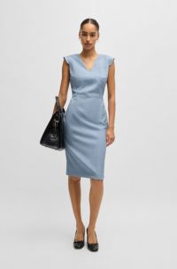 Bodycon business dress in checked virgin wool, Light Blue