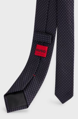 Geometric-pattern tie in silk jacquard, Dark Blue