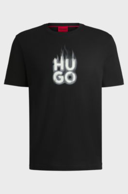 Cotton-jersey T-shirt with stacked smoke logo, Black