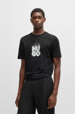 Cotton-jersey T-shirt with stacked smoke logo, Black