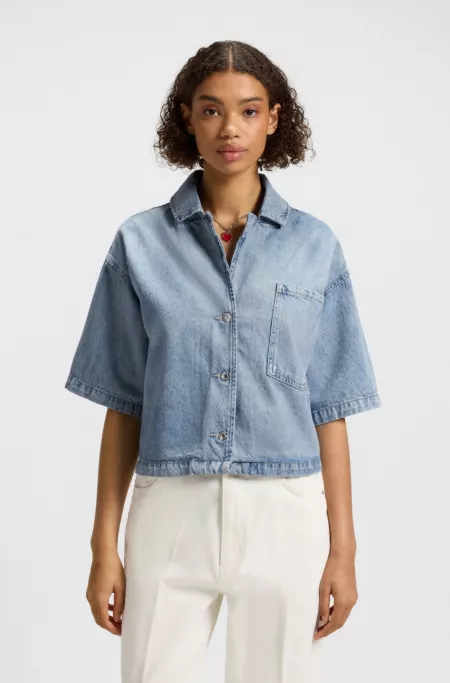 Relaxed-fit blouse in salt-and-pepper rigid denim