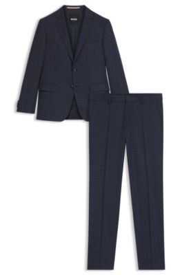 Slim-fit suit in checked virgin wool and silk, Blue Patterned