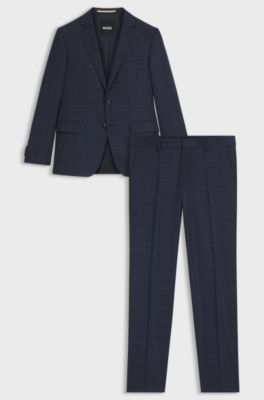 Slim-fit suit in checked virgin wool and silk, Blue Patterned