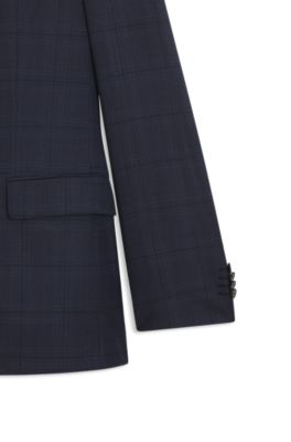 Slim-fit suit in checked virgin wool and silk, Blue Patterned