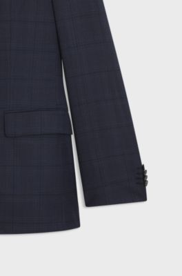 Slim-fit suit in checked virgin wool and silk, Blue Patterned