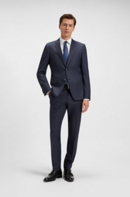 Slim-fit suit in checked virgin wool and silk, Blue Patterned