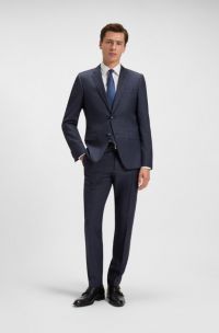 Slim-fit suit in checked virgin wool and silk, Blue