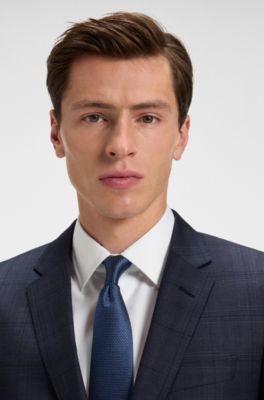 Slim-fit suit in checked virgin wool and silk, Blue Patterned
