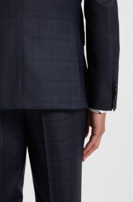 Slim-fit suit in checked virgin wool and silk, Blue Patterned