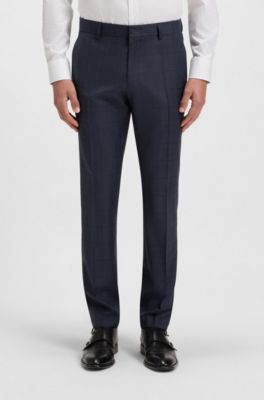 Slim-fit suit in checked virgin wool and silk, Blue Patterned