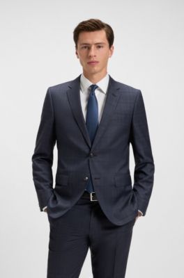 Slim-fit suit in checked virgin wool and silk, Blue Patterned