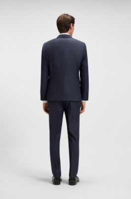 Slim-fit suit in checked virgin wool and silk, Blue Patterned