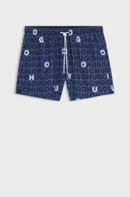 Zwemshort met logoprint en trekkoord, Blauw