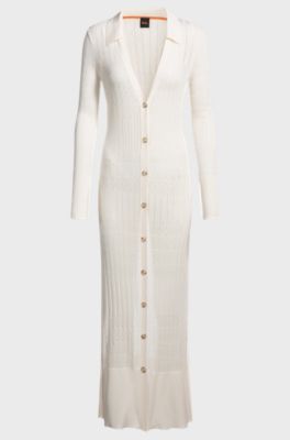 Long knitted cardigan with collar, Natural