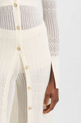 Long knitted cardigan with collar, Natural