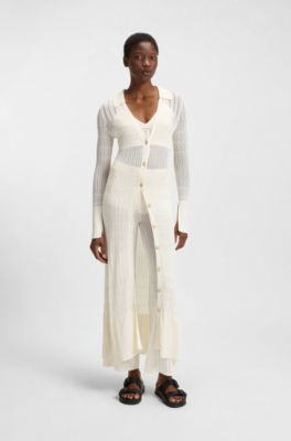 Long knitted cardigan with collar, Natural