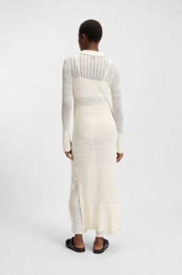 Long knitted cardigan with collar, Natural