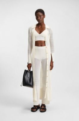 Knitted trousers in stretch fabric with mixed structures, Natural