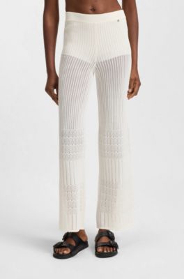 Knitted trousers in stretch fabric with mixed structures, Natural