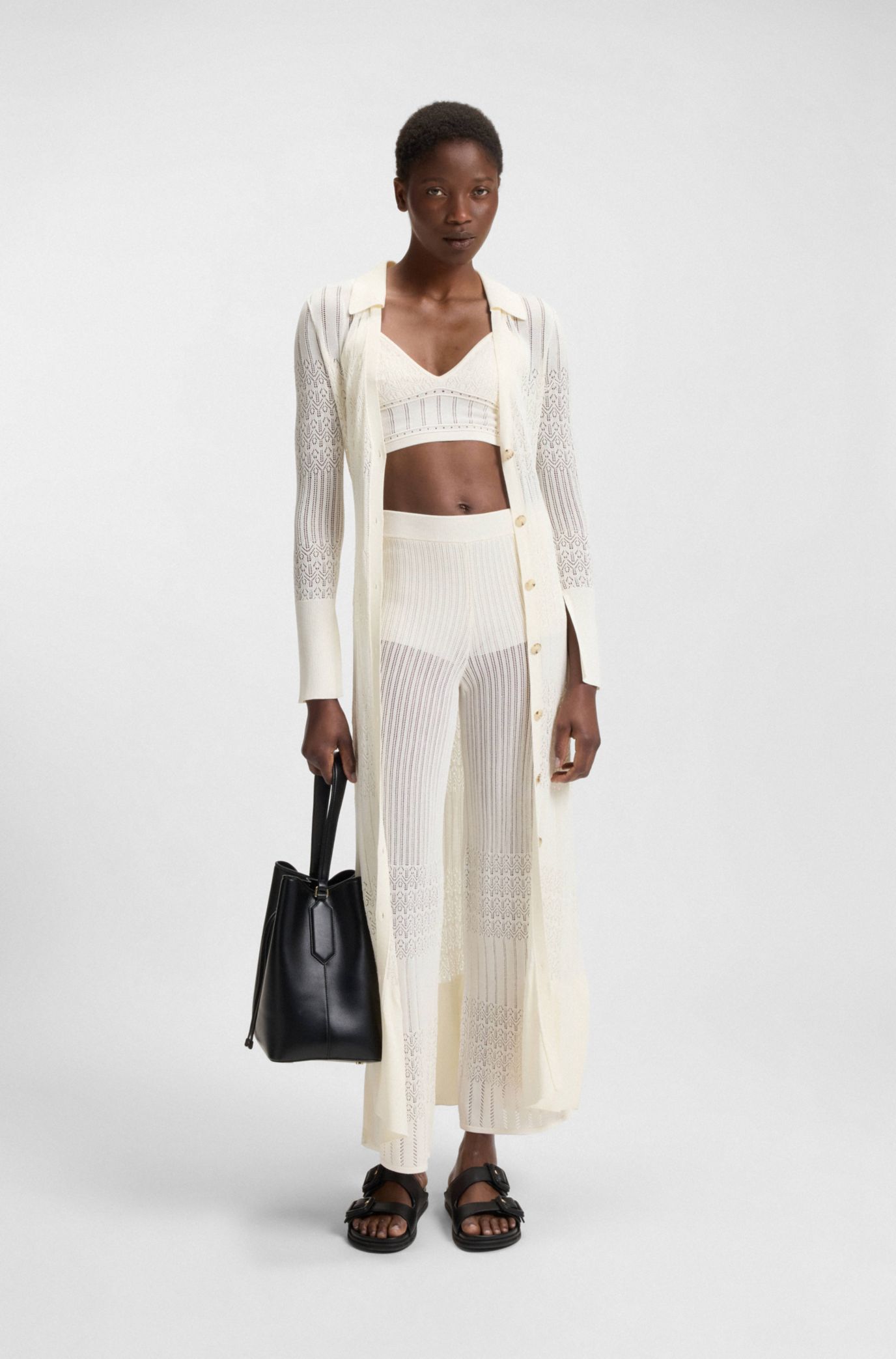 Knitted top in stretch fabric with mixed structures, Natural