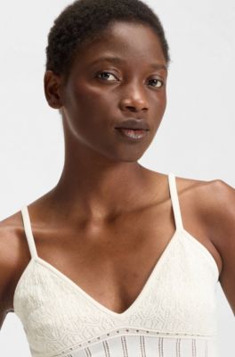 Knitted top in stretch fabric with mixed structures, Natural