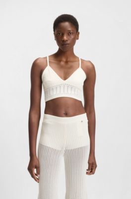 Knitted top in stretch fabric with mixed structures, Natural