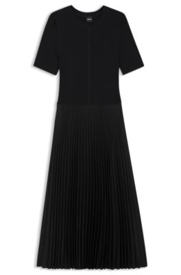 Mixed-material dress with pliss&eacute; skirt, Black