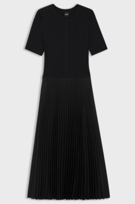 Vestito in materiali misti con gonna pliss&eacute;, Nero
