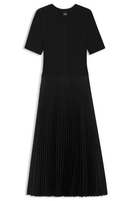 Mixed-material dress with plissé skirt