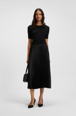 Mixed-material dress with pliss&eacute; skirt, Black