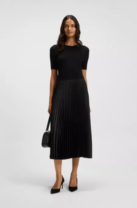 Mixed-material dress with plissé skirt