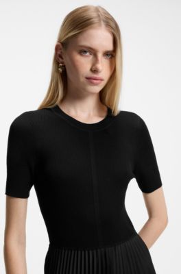 Vestito in materiali misti con gonna pliss&eacute;, Nero
