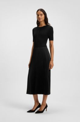 Mixed-material dress with pliss&eacute; skirt, Black