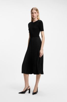 Vestito in materiali misti con gonna pliss&eacute;, Nero