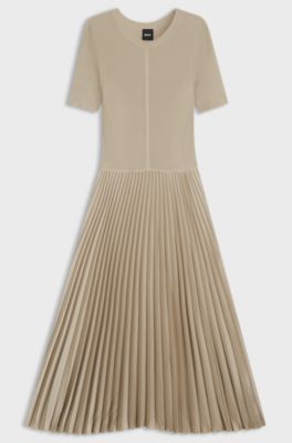 Mixed-material dress with pliss&eacute; skirt, Light Beige