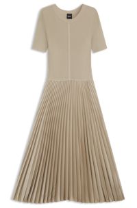 Mixed-material dress with plissé skirt, Light Beige
