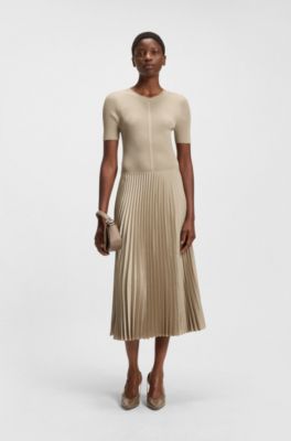 Mixed-material dress with pliss&eacute; skirt, Light Beige