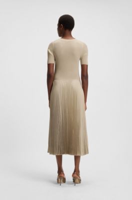 Mixed-material dress with pliss&eacute; skirt, Light Beige