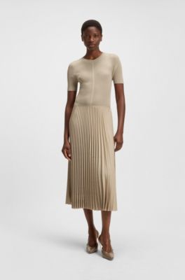 Mixed-material dress with pliss&eacute; skirt, Light Beige