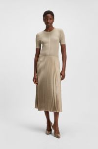 Mixed-material dress with plissé skirt, Light Beige