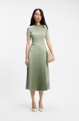 Mixed-material dress with plissé skirt