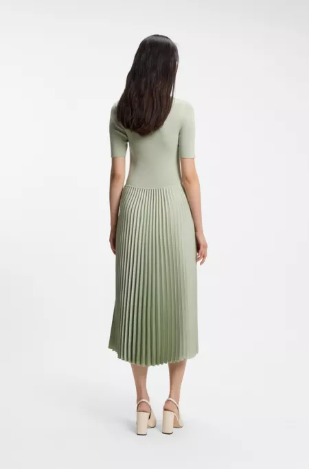 Mixed-material dress with plissé skirt