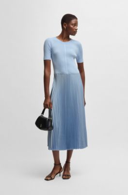 BOSS Mixed-material dress with plissé skirt Light Blue