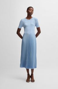 Mixed-material dress with plissé skirt, Light Blue