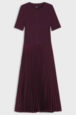 Mixed-material dress with pliss&eacute; skirt, Bordeaux
